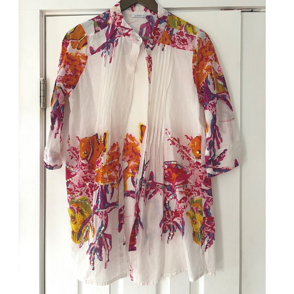 Bognar Blu Women Cotton Tropical Fish‎ Coral Sequin Pintuck Tunic Shirt White S
